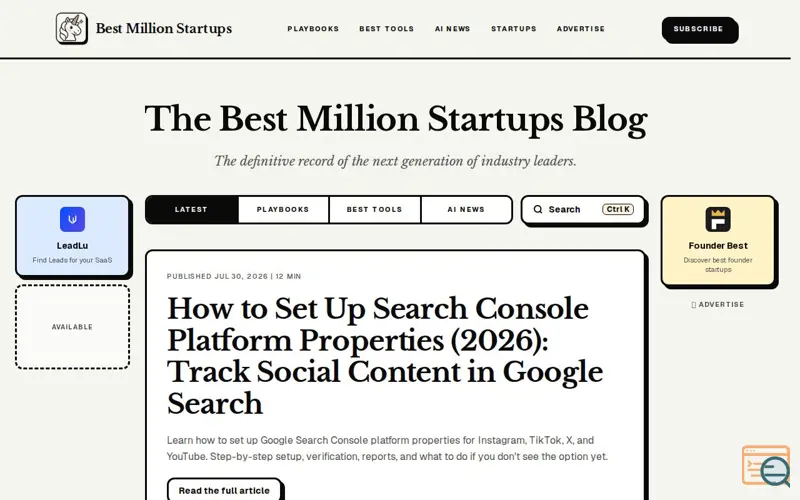 Screenshot of Best Million Startups, a launch using Founder.best