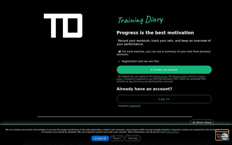 Screenshot of Training Diary