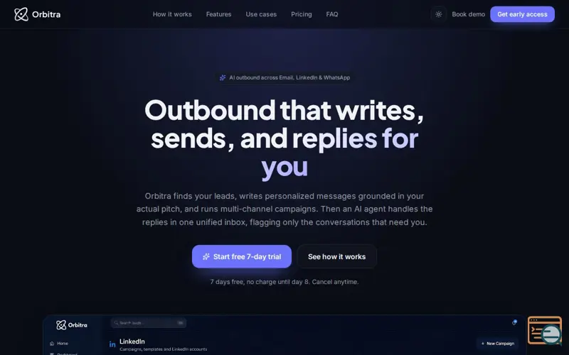 Screenshot of Orbitra — AI outbound that writes, sends & replies for you