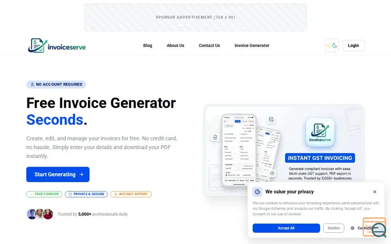 Screenshot of Free Invoice Generator | Invoice Serve
