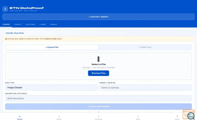 Screenshot of ETN DataProof — Web3