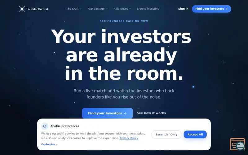 Screenshot of FounderCentral — Warm intros to investors who back your stage
