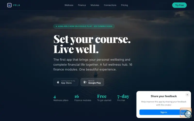 Screenshot of Vela — Set your course. Live well.