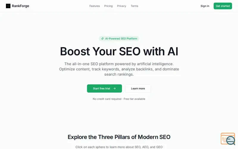 Screenshot of Rankforge — SEO, AEO & GEO platform