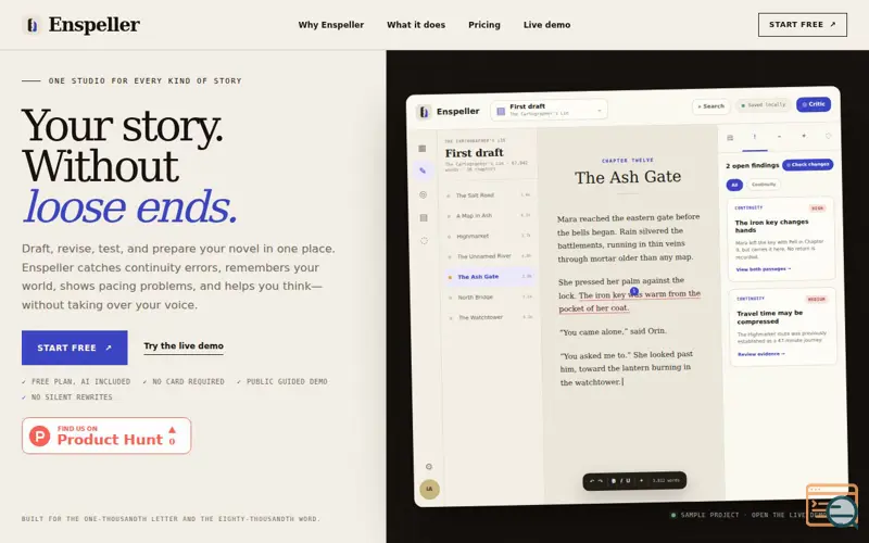 Screenshot of Enspeller — Write the book. Keep every detail straight.
