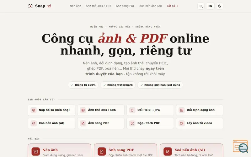 Screenshot of Snapvi - Công cụ ảnh & PDF online miễn phí, không cần cài đặt