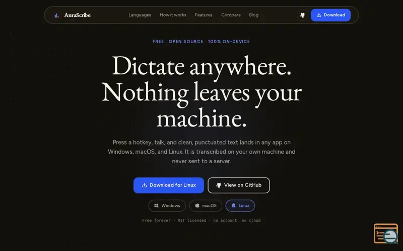 Screenshot of AuraScribe — offline voice dictation for Windows, free and open source