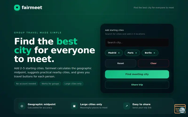 Screenshot of fairmeet | Find the best city to meet