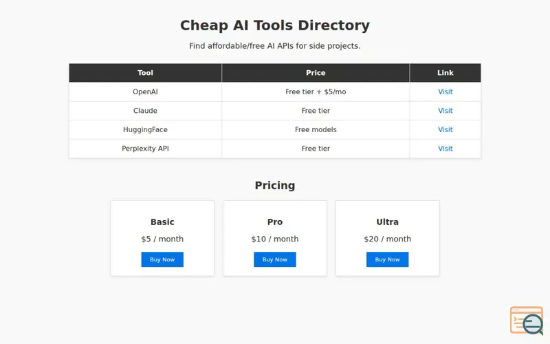 Screenshot of Cheap AI Tools