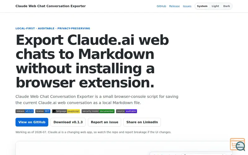 Screenshot of Claude.ai single chat exporter script