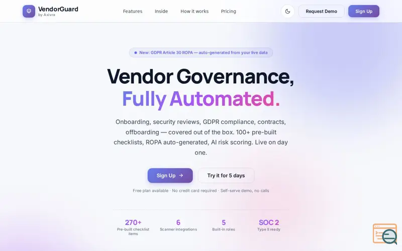 Screenshot of VendorGuard by Axivra