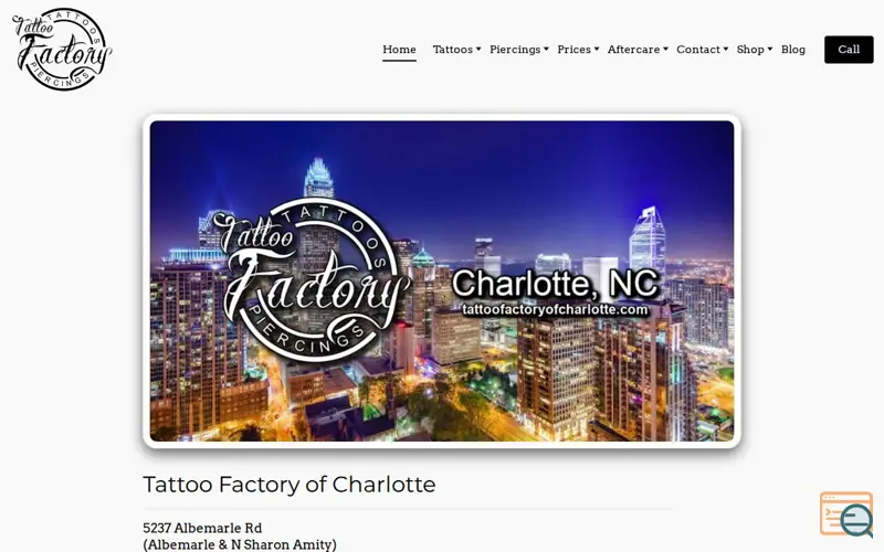 Screenshot of Tattoo Factory of Charlotte, a launch using MyWebsiteBuilder
