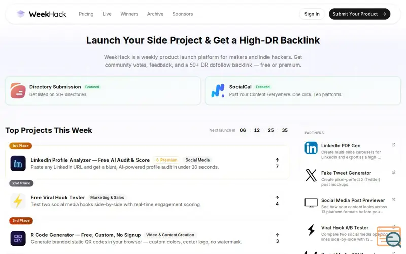 Screenshot of WeekHack, a launch using ToolFame