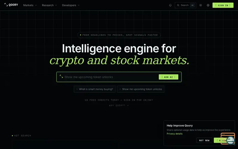 Screenshot of Qoory — Intelligence engine for crypto and stocks, a launch using Tulimoa