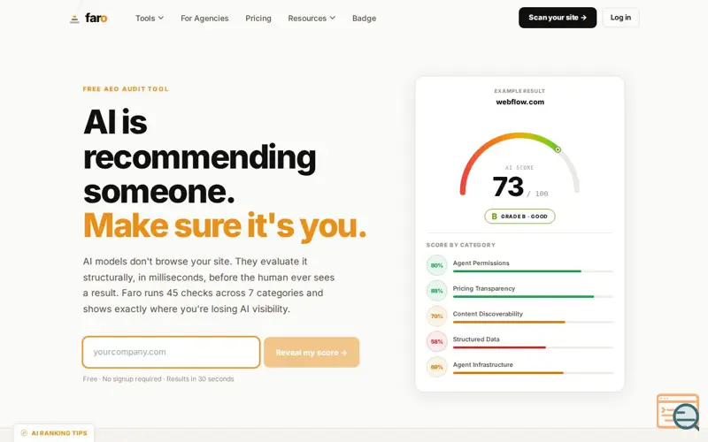 Screenshot of AI Readiness Scan: Can AI Find Your Site? | Faro
