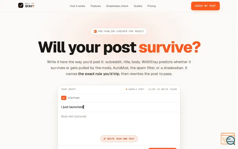 Screenshot of Reddit Post Checker: Will It Stay or Get Removed?