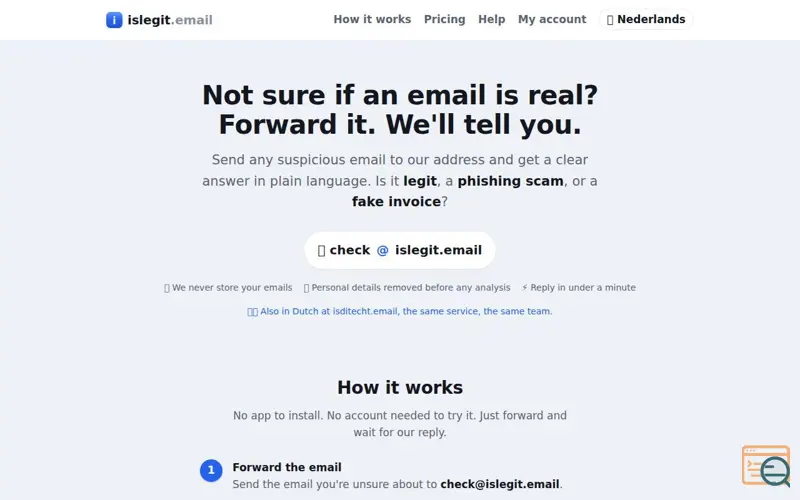 Screenshot of islegit.email