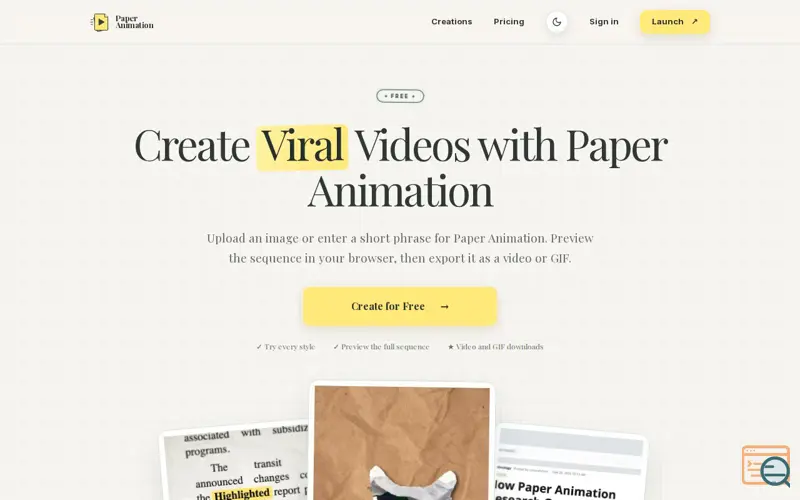 Screenshot of Free Paper Animation Maker – Create Videos & GIFs Online, a launch using AIGCList