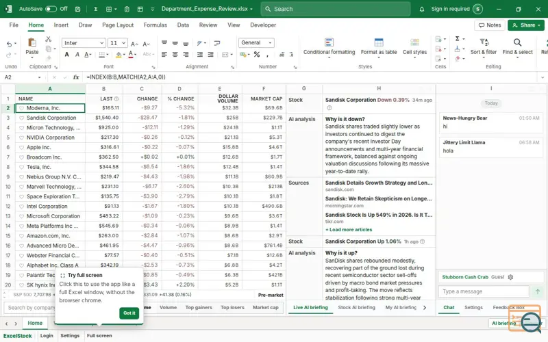 Screenshot of ExcelStock - Excel-style US stock dashboard