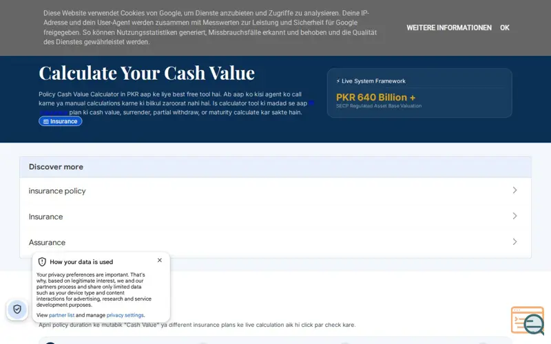 Screenshot of Insurance Cash Value Calculator in PKR
