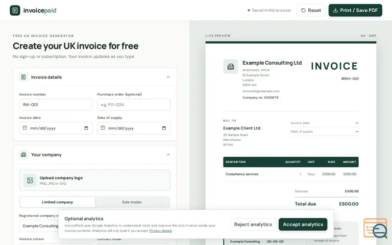 Screenshot of Free UK Invoice Template & Generator | InvoicePaid