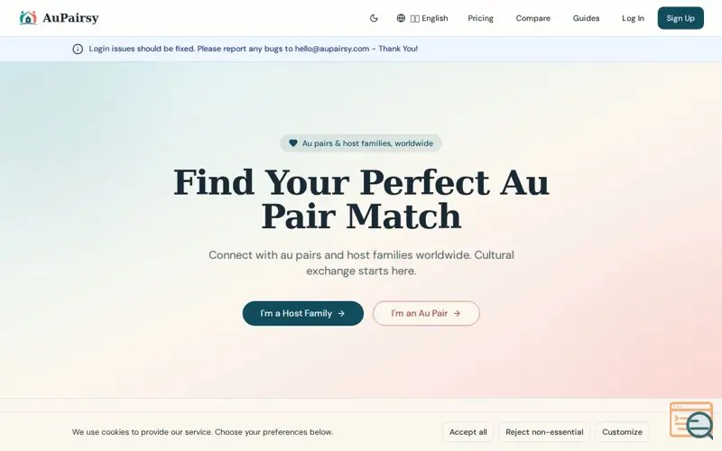 Screenshot of Find Your Perfect Au Pair or Host Family, a launch using SimpleLogin