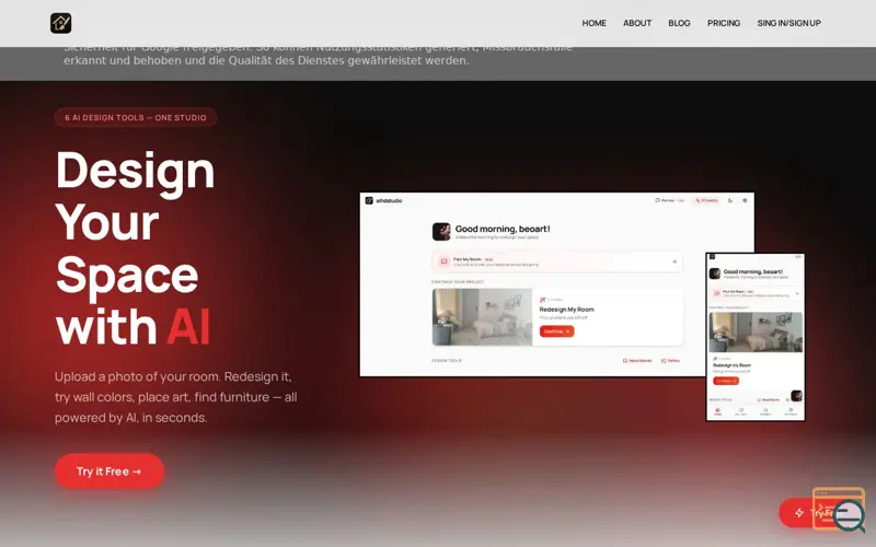 Screenshot of Ai Home Designer Studio, a launch using Whogohost DNS