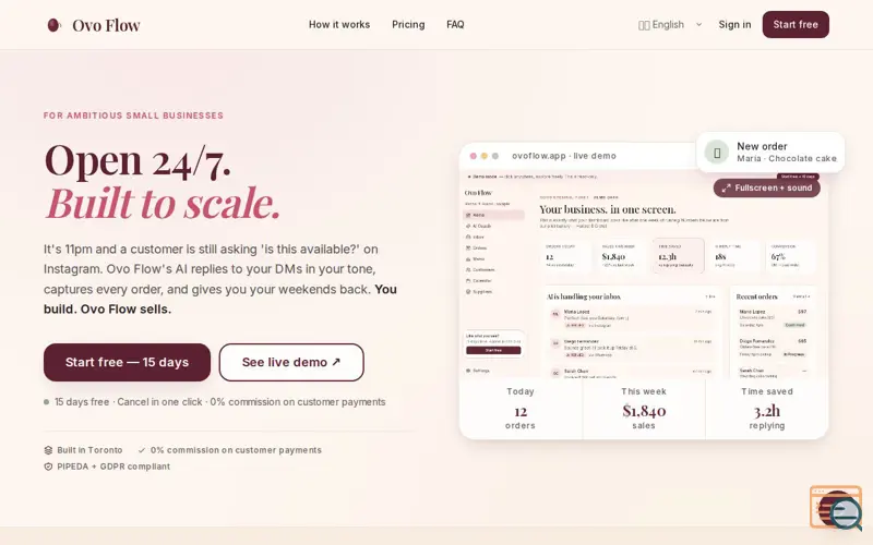 Screenshot of Ovo Flow — Open 24/7. Built to scale.