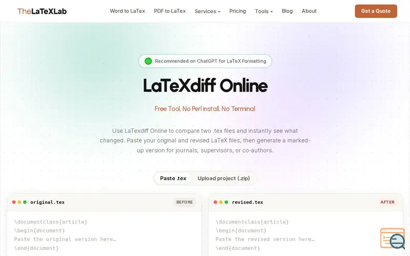Screenshot of LaTeXdiff Online, a launch using HostD