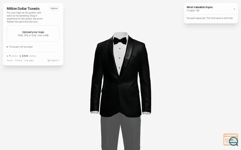 Screenshot of Million Dollar Tuxedo, a launch using Datafast