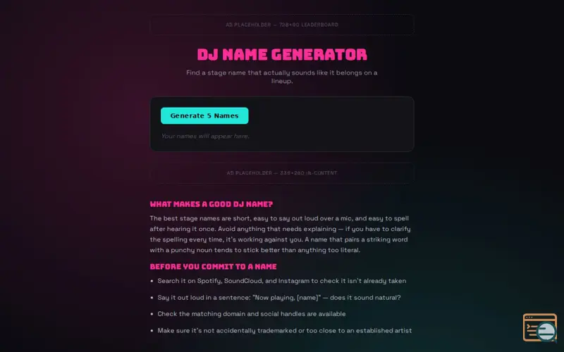 Screenshot of DJ Name Generator — Find Your Stage Name