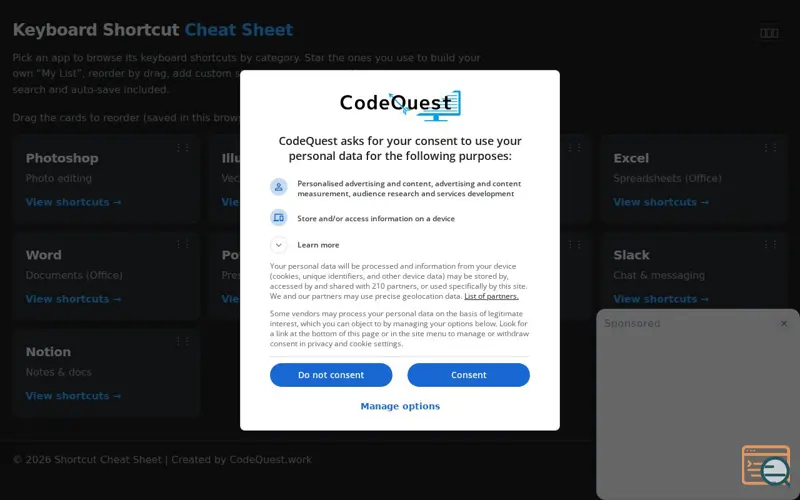 Screenshot of Keyboard Shortcut Cheat Sheet
