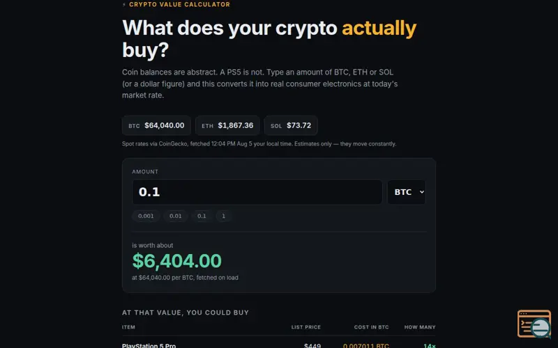 Screenshot of Crypto Value Calculator, a launch using Web3 Tool Launch