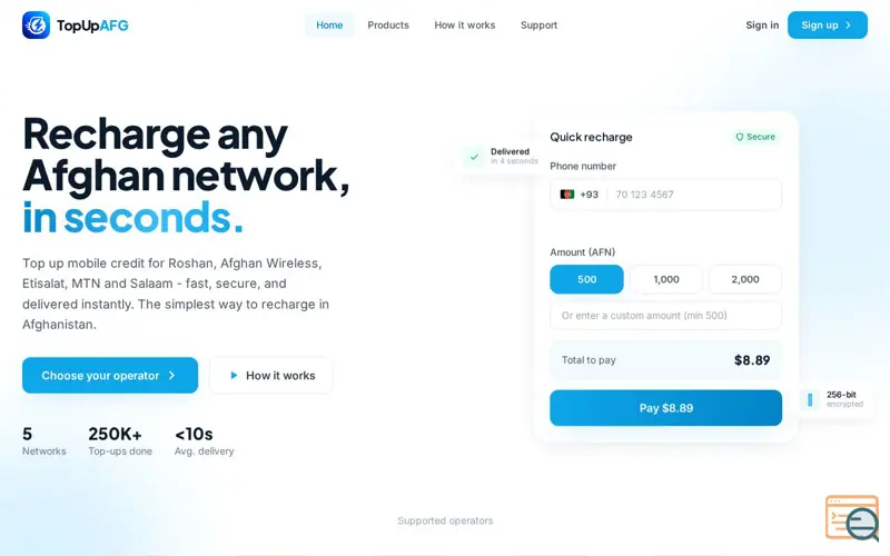 Screenshot of Recharge any Afghan network, in seconds.