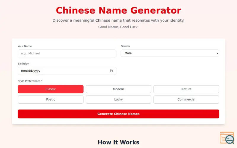 Screenshot of Chinese Name Generator