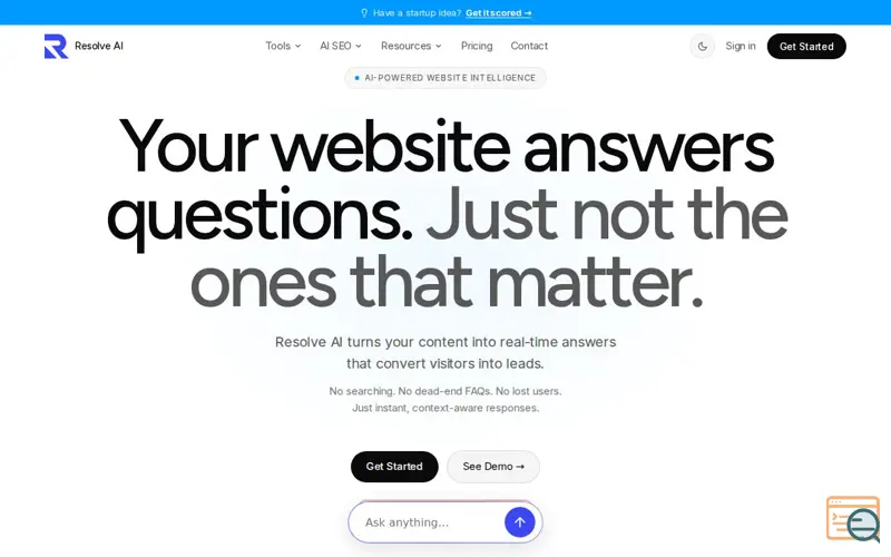 Screenshot of ResolveAI, a launch using Testimonial.to