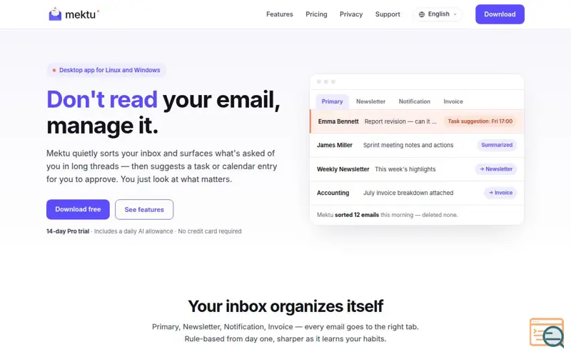 Screenshot of Mektu — Don't read your mail, manage it