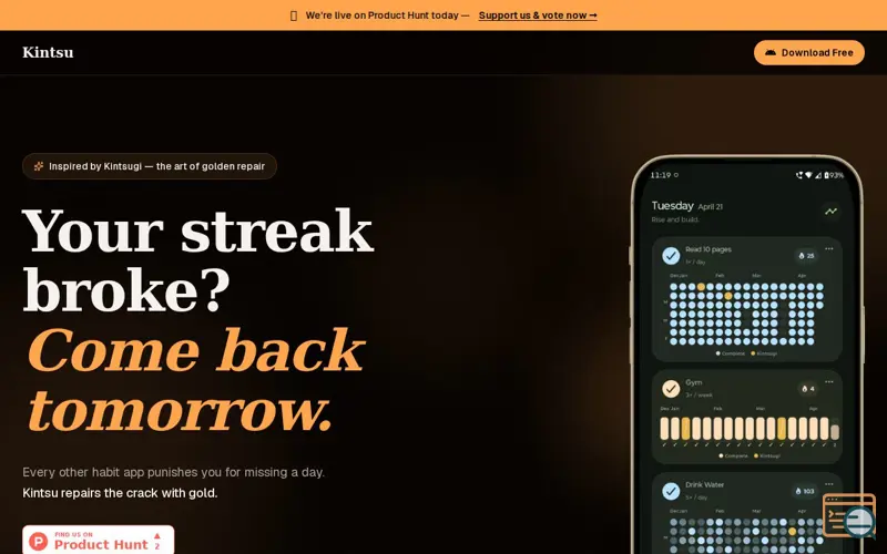 Screenshot of Kintsu: The Forgiving Habit Tracker