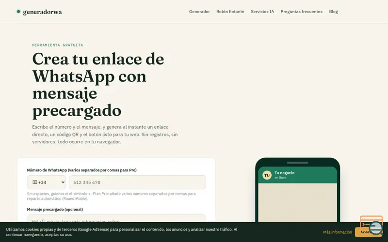 Screenshot of Generador de enlaces WhatsApp — generadorwa.com