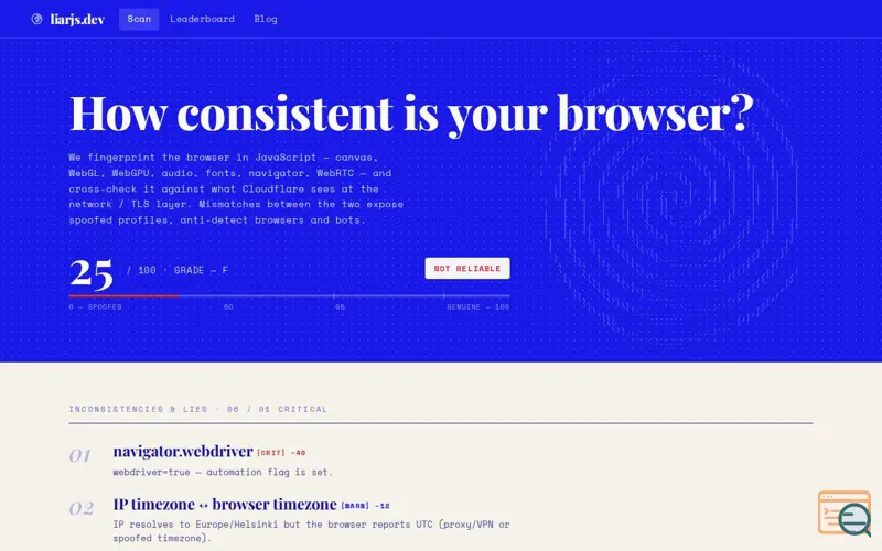 Screenshot of liarjs.dev · browser fingerprint & anti-detect consistency scanner
