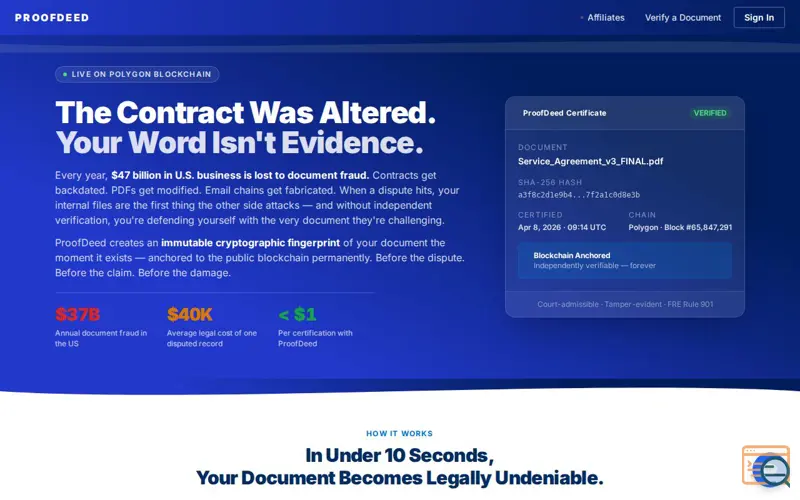Screenshot of ProofDeed — Blockchain Certification