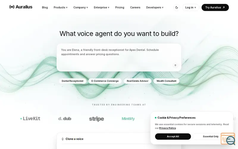Screenshot of Auralius | Sub-50ms Enterprise Voice Agents Platform