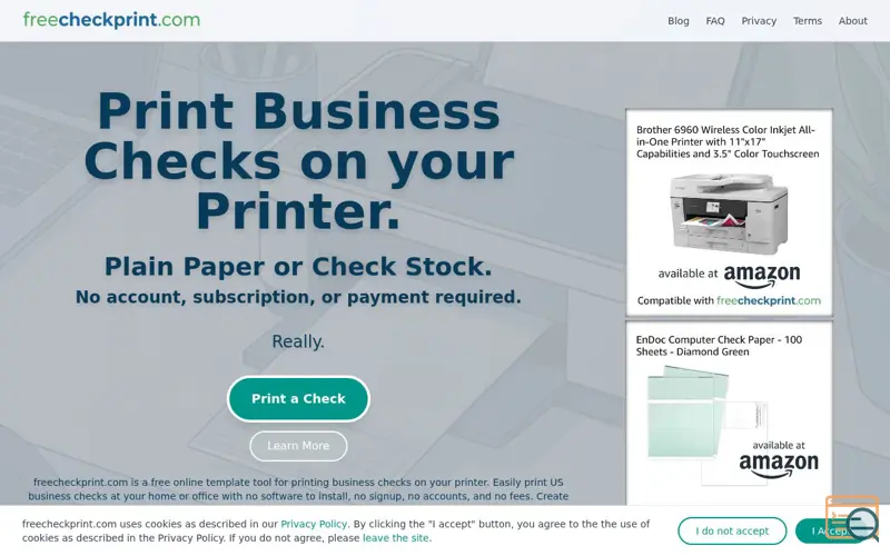 Screenshot of Free Check Printing Online