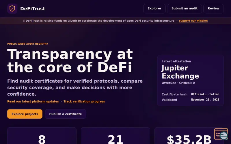 Screenshot of DeFiTrust, a launch using DefiLlama