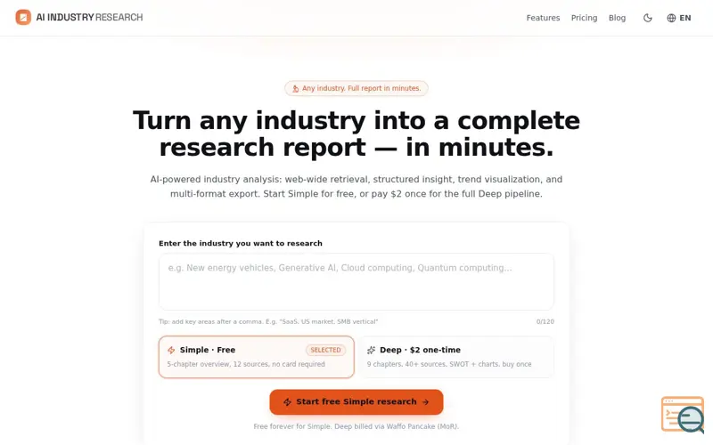 Screenshot of AI INDUSTRY RESEARCH · AI-Powered Industry Research Report Generator