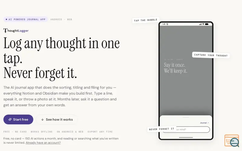 Screenshot of AI Powered Journal App & Second Brain — ThoughtLogger