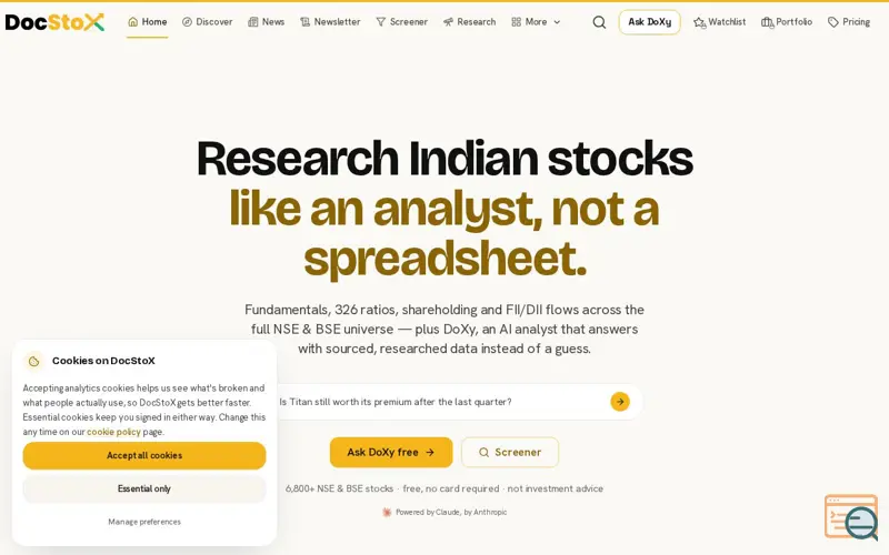 Screenshot of DocStoX — AI Research for Indian Stocks (NSE & BSE)