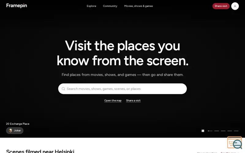 Screenshot of Framepin — real places from movies, shows & games