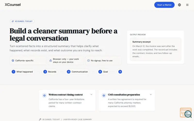 Screenshot of xCounsel — Lawyer-Ready Summary Builder