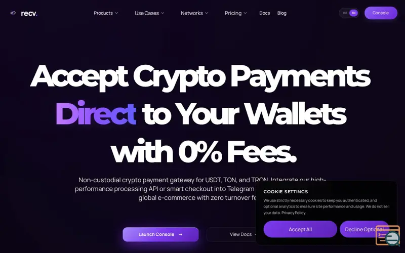 Screenshot of recv.money — Zero-fee crypto checkout